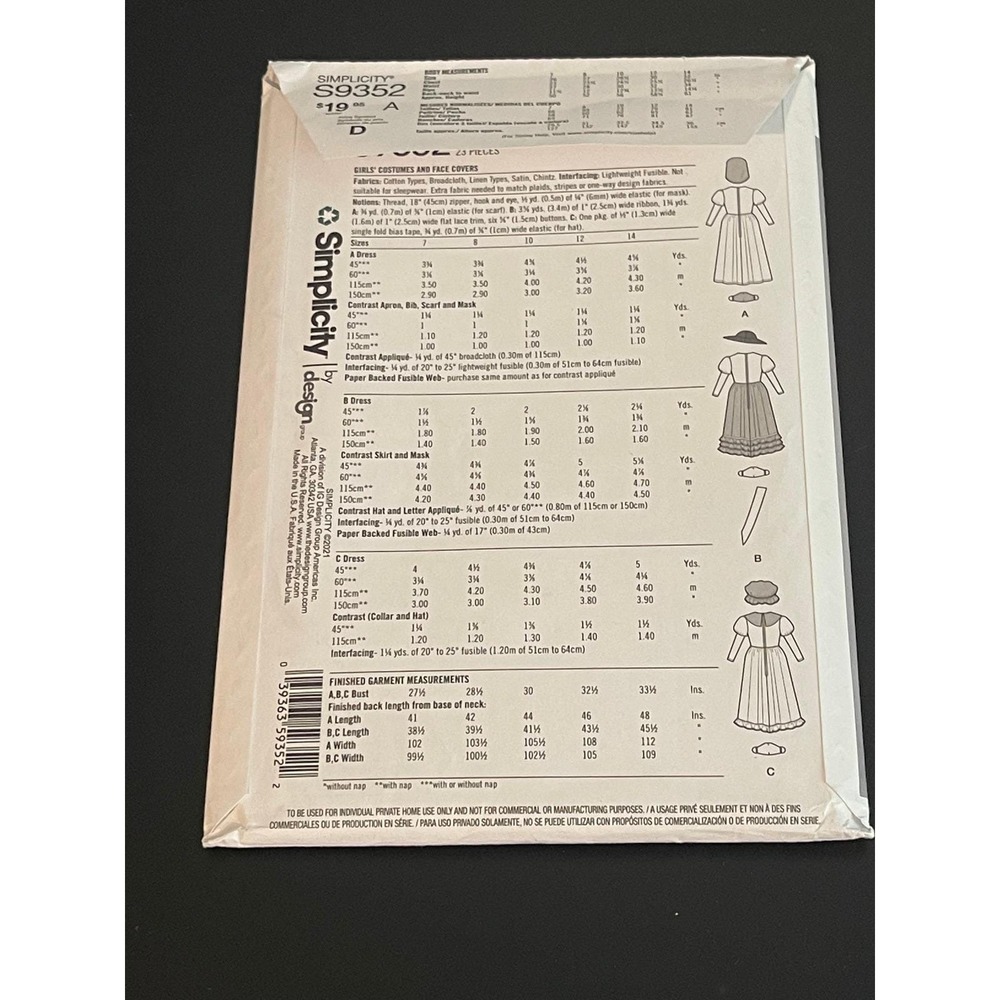 00483 -Simplicity S9352 Historical Costume Dress Sewing Pattern Sizes 7-14 UNCUT - Picture 3 of 3